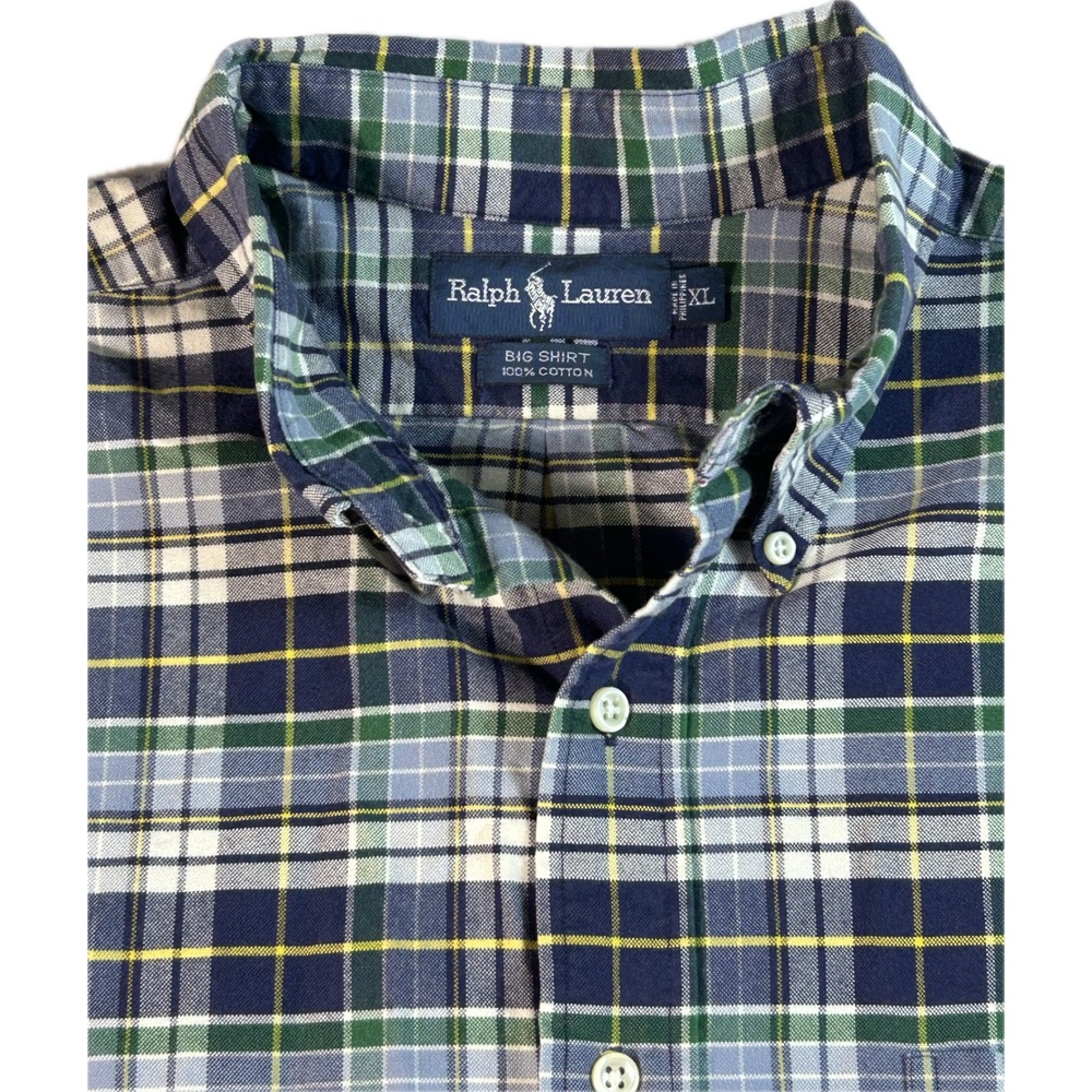 Vintage Ralph Lauren Big Shirt Men XL Plaid Oxford Blue Green Cotton Pony